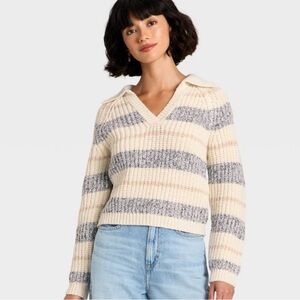 Universal Thread V-Neck Sweater - Cream and Gray Stripes